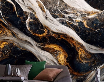 BLACK and GOLD Marble Stone Wallpaper | Modern Wall Art | Abstract Watercolor Mural | Trendy Luxury Design | Contemporary Colors #430