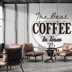 Carta da parati per caffetteria con chicchi di caffè retrò e forme geometriche per ristoranti, pub, bar e bistrot - Il miglior caffè in città #819