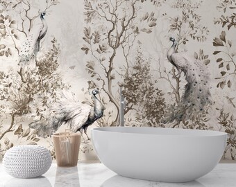 Chinoiserie Peacock Wallpaper Mural: Vintage Japanese Garden Wall