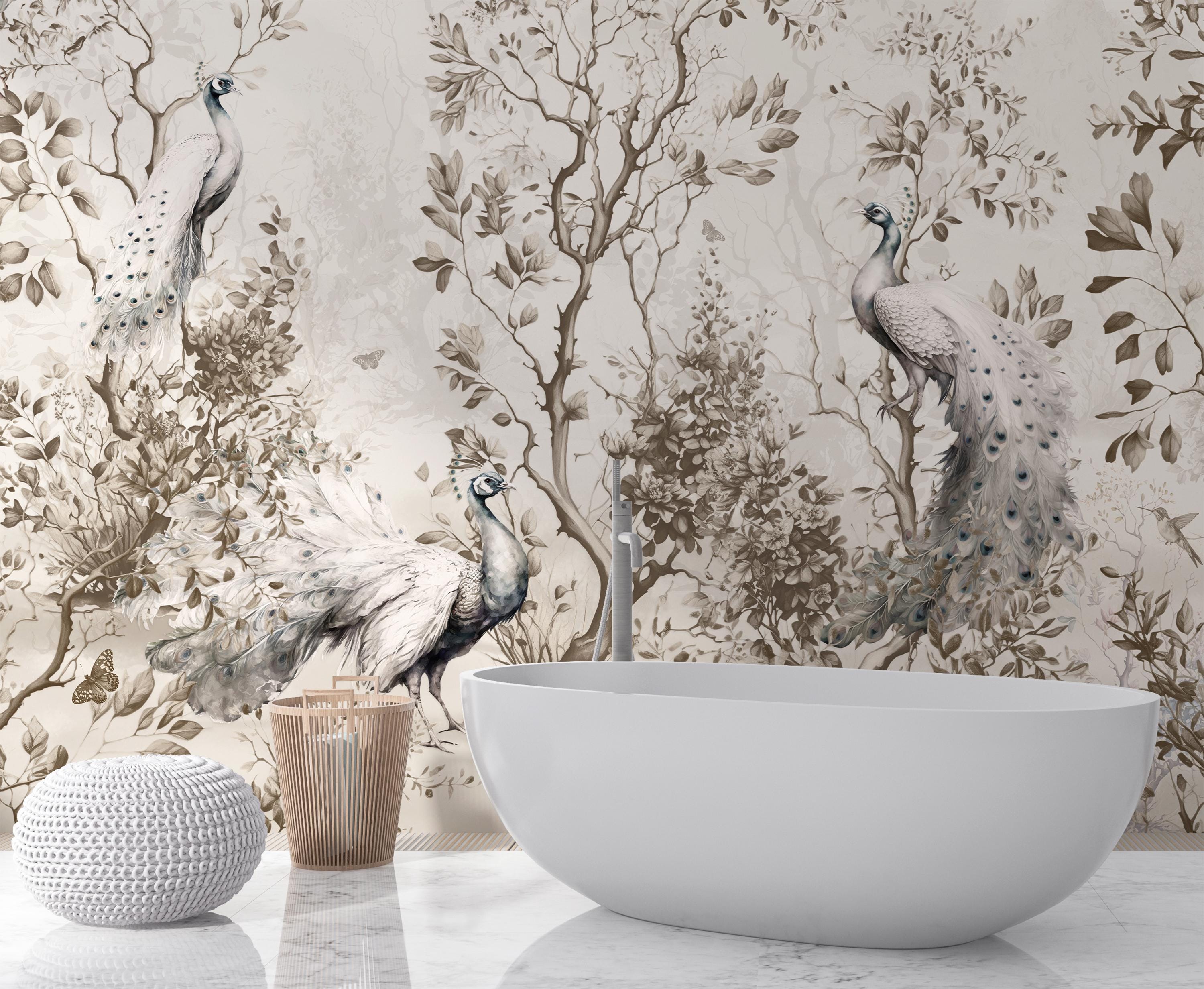 Chinoiserie Peacock Wallpaper Mural: Vintage Japanese Garden Wall