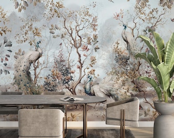 Chinoiserie Pfau Wallpaper Wandbild: Vintage japanischer Garten Wandbild #882