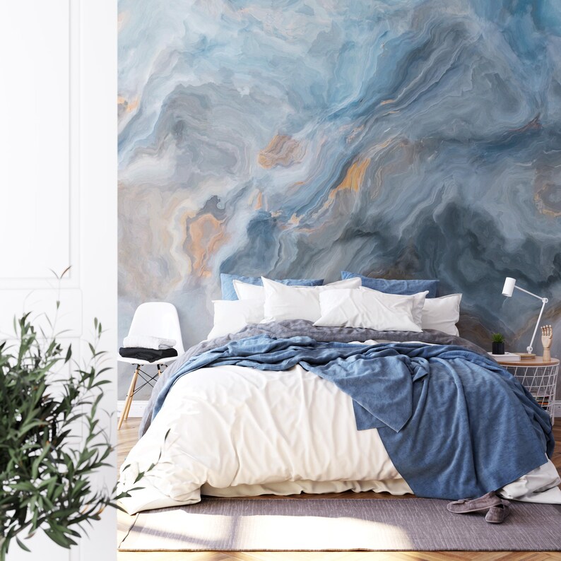 Designer Blue Gold Marble Wallpaper Mural, Unique Home, Great for ...