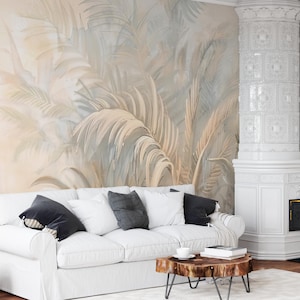 Neutral Colors Tropical Wallpaper | Palm Leaves and Exotic Plants Wallpaper | Tropical Forest Landscape Mural | Vintage Jungle Pattern #692