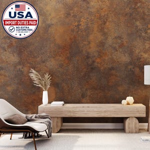 May include: A wall mural featuring a textured, weathered rust-colored surface with mottled brown and dark orange tones. The design mimics oxidized metal, creating a deep, industrial aesthetic that covers the entire vertical wall surface.