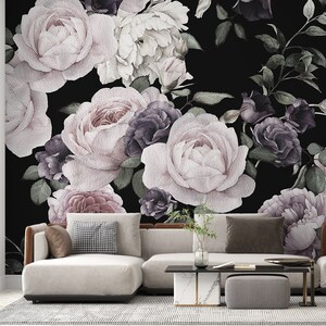 Dark Floral Wallpaper, Dark Botanical Wallpaper, Peel and Stick, Large Peony Wall Murals, Bouquete of Flowers  #665