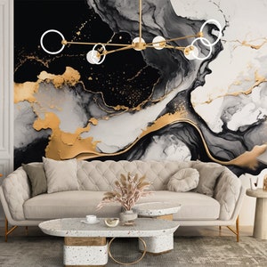 Carta da parati in marmo nero e oro PERFETTA / Murale astratto moderno nero / Pietra creativa di lusso / Parete artistica in ceramica / Stampa da parete preppy #594