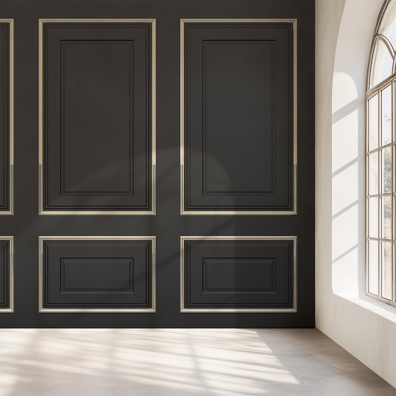 Black and Gold Wood Panel Wallpaper: Modern Wainscot Mural - Peel and Stick image 3