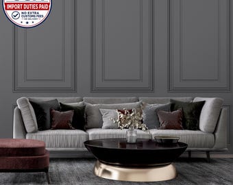 May include: A light gray sofa with dark gray and maroon throw pillows, a round black coffee table with a gold base, and a maroon ottoman. The wall behind the sofa features dark gray rectangular molding panels in a symmetrical arrangement.