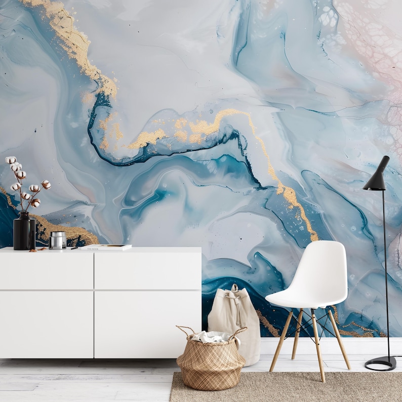 DAZZLING Blue Gold Marble Wallpaper Mural, Unique Wall Covering for ...