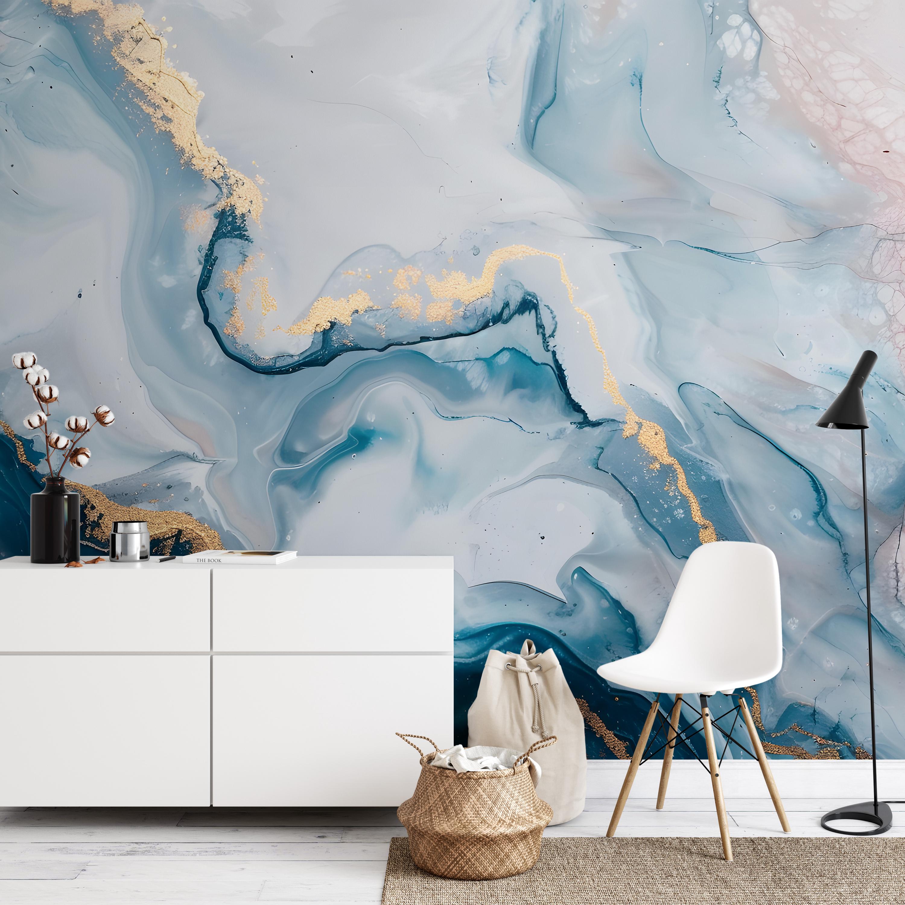 DAZZLING Blue Gold Marble Wallpaper Mural, Unique Wall Covering for ...