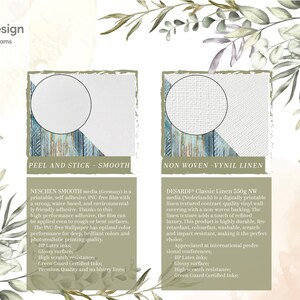 May include: Mio Design Color UR Dreams wallpaper material comparison chart. Features two options: Peel and Stick Smooth, a PVC-free self-adhesive film, and Non Woven Vinyl Linen, a 350g contract-quality vinyl wall-covering with a linen texture.