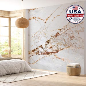 Puede incluir: Un mural de pared con un patrón de mármol blanco con vetas doradas y marrones prominentes. El diseño cubre una gran superficie de pared interior, creando una apariencia de piedra con líneas irregulares sobre el fondo blanco.
