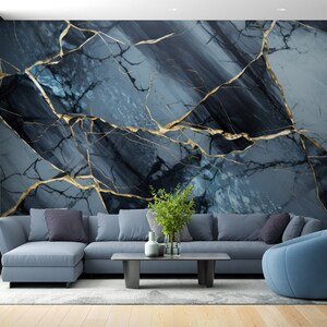 Designer Blue Gold Marble Wallpaper Mural, Unique Home Decor, Great for ...