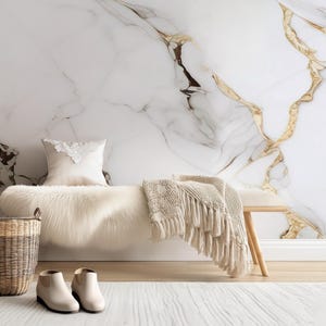 Luxurious White Gold Marble Wallpaper, Modern Abstract Gold Mural, Natural Creative Stone, Glossy Ceramic Art, Preppy Removable Print #760