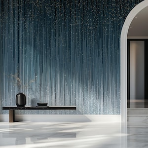 May include: An interior scene with a wall featuring a blue and white vertical stripe design. A black vase and bowl sit on a black table. The floor is white marble, and an arched doorway is visible.