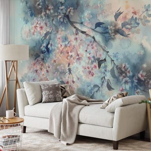 Exotisches Chinoiserie Wandbild, Vintage botanischer Garten Baum, chinesisches Dekor, japanisches Wandbild Schälen und aufkleben, Blumenlandschaft #723