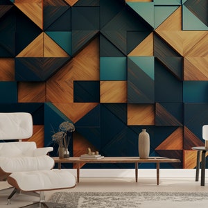Carta da parati moderna in legno intarsiato con parquet / Carta da parati murale in legno blu scuro di lusso / Rivestimento / Boiserie staccabile e attaccabile / Carta da parati geometrica n. 524