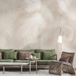 Beige Feder Tapete schälen und aufkleben | Modernes Abstraktes Feder Wandbild in Neutralen Farben | Abnehmbares Vlies Wandbild #372