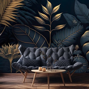 DARK Blue and Gold Tropical Wallpaper Watercolor Palm Plants Tropical Mural Removable Leaf Foliage Decal Modern Jungle Mural 453 image 3