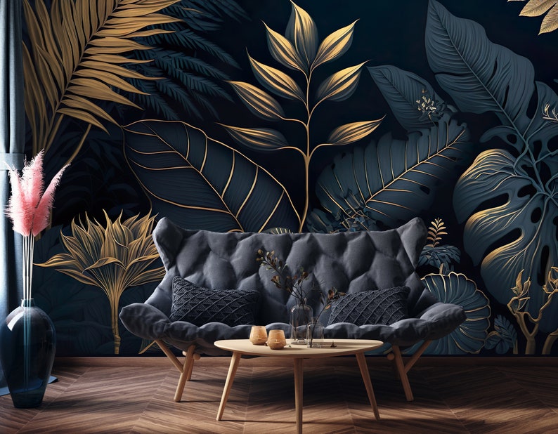 DARK Blue and Gold Tropical Wallpaper Watercolor Palm Plants Tropical Mural Removable Leaf Foliage Decal Modern Jungle Mural 453 image 3