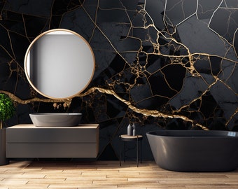 Elegante schwarz-goldene Marmor Tapete | Modernes Abstraktes Schwarzes Wandbild | Luxus-Kreativstein | Keramik Leucht Onyx | Preppy Mauer #440