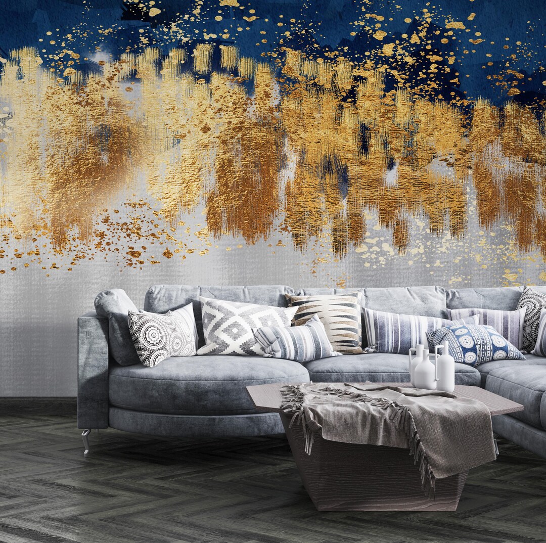 Blue Gold Marble Wallpaper Mural: Modern Abstract Design #424 - Etsy