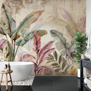 Bellissime foglie di prugne tropicali e piante esotiche da parati / Carta da parati tropicale con palme / Murale con paesaggio tropicale / Modello giungla vintage #690