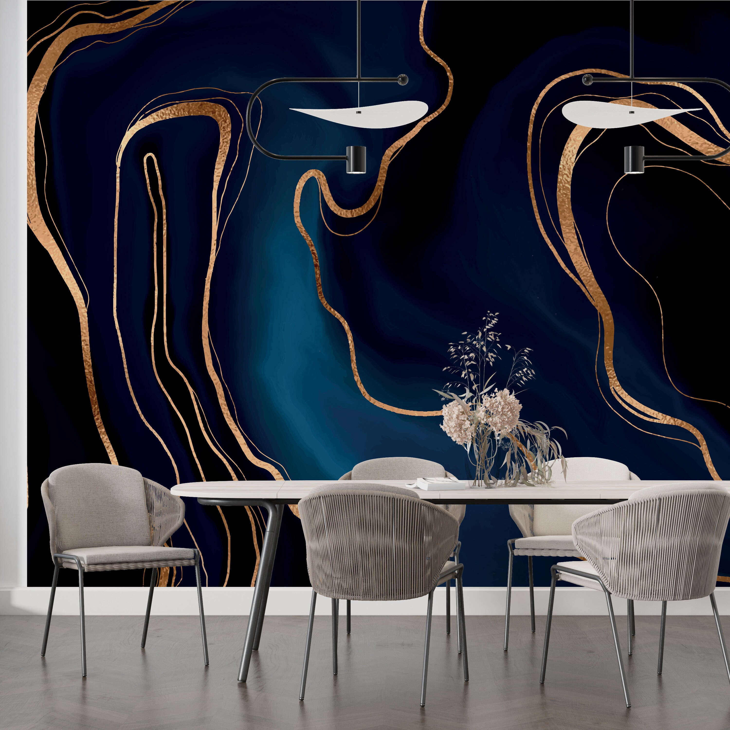 DAZZLING Blue Gold Marble Wallpaper Mural, Unique Wall Covering for ...