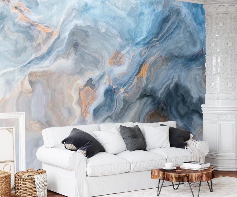 Designer Blue Gold Marble Wallpaper Mural, Unique Home, Great for ...