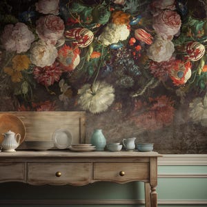 Carta da parati floreale vintage, elegante natura morta con fiori su parete strutturata, murale gotico romantico da staccare e attaccare per camera da letto n. 784