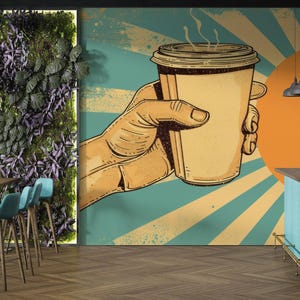 Carta da parati VINTAGE con tazze di caffè / Carta da parati retrò per ristoranti / Carta da parati per pub / Decorazioni classiche / Effetto grunge pop #634
