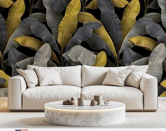 Black and Gold Banana Leaf Wallpaper, Tropical Botanical Leaves, Dark Jungle Wallpaper #701