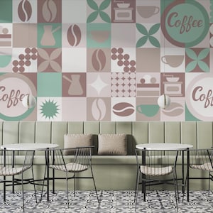 Carta da parati con caffè, decorazione retrò per caffetteria con chicchi e forme geometriche per ristorante, pub, bar, bistrot classico #824