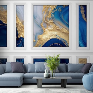 Murale Moulding Blue Gold, Carta da parati moderna in marmo, Pietra di lusso astratta in oro, Boiserie e arte a pannelli, Stampa rimovibile preppy n. 705