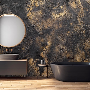 Black and Gold Venetian Stucco Wallpaper | Modern Grunge Peel and Stick | Abstract Removable Wall Art | Marble Living Room Mural #250