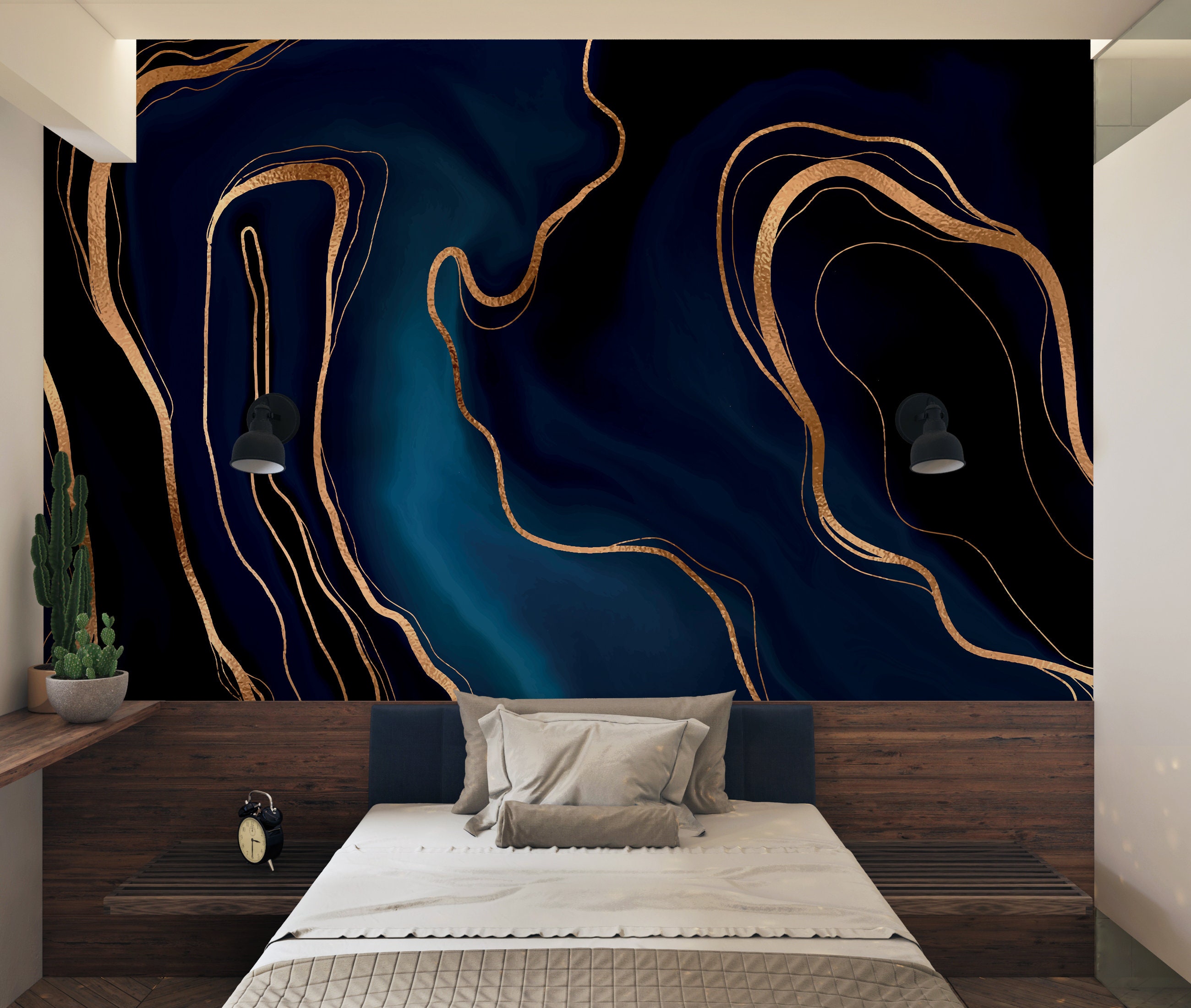 DAZZLING Blue Gold Marble Wallpaper Mural, Unique Wall Covering for ...
