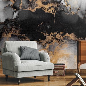 Carta da parati moderna in marmo nero / murale di lusso con linee dorate / adesivo effetto marmo liquido fumo / adesivo estetico preppy staccabile e attaccabile / stampa rimovibile n. 264