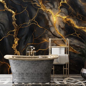 ELEGANT Black and Gold Marble Wallpaper | Modern Abstract Black Mural | Luxury Creative Stone | Ceramic Luminous Onyx | Preppy Wall #440