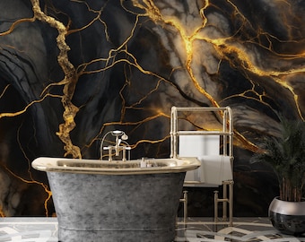 ELEGANT Black and Gold Marble Wallpaper | Modern Abstract Black Mural | Luxury Creative Stone | Ceramic Luminous Onyx | Preppy Wall #440