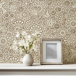 Beige Ikat Flowers Wallpaper, Botanical Peel & Stick Vinyl Removable, Girls Nursery Self Adhesive Watercolor Floral Wallpaper #731