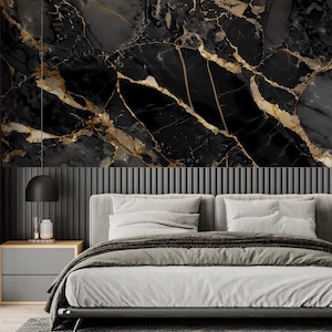 Carta da parati in marmo nero e oro PERFETTA / Murale astratto moderno nero / Pietra creativa di lusso / Parete artistica in ceramica / Stampa da parete preppy n. 624