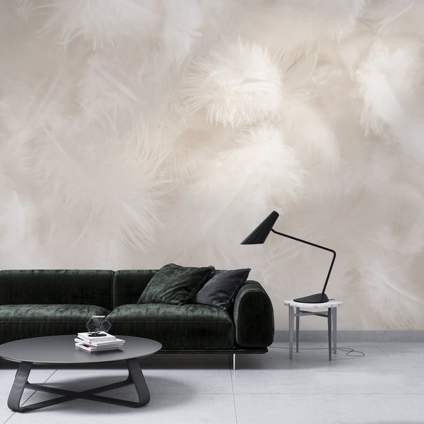 Feather Mural Wallpaper | Floating White Plumes on Navy