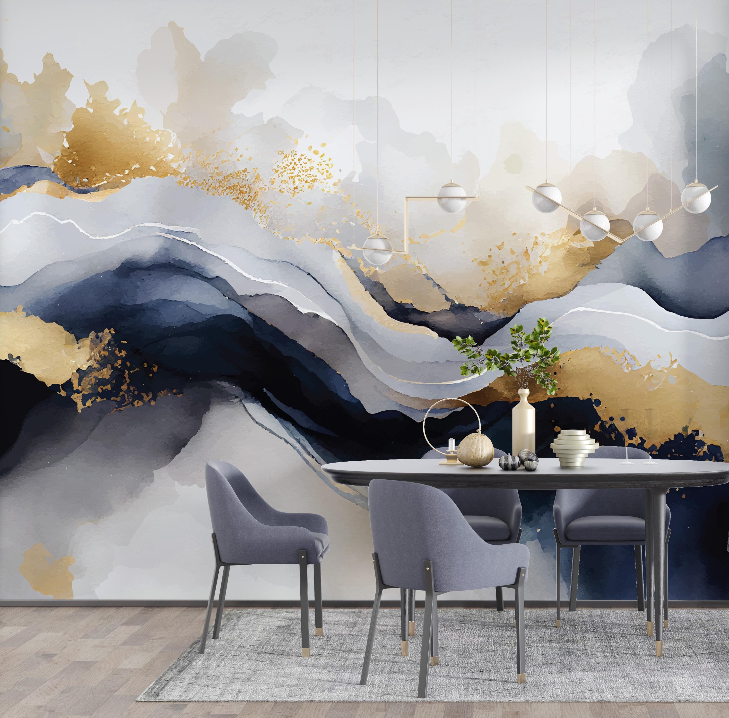 GOLD and BLUE Marble Wallpaper | Modern Stone Wall Art | Abstract ...