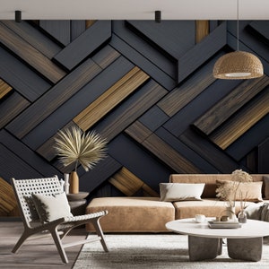 Carta da parati in parquet con intarsi in legno astratto/Carta da parati murale in legno blu scuro di lusso/Pannello di rivestimento moderno/Boiserie geometrica staccabile e attaccabile #526