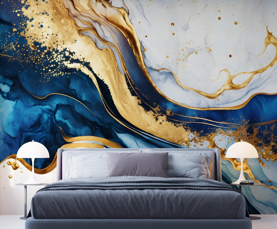 Elegant Blue Gold Marble Wallpaper, Chic Wall Decor, Perfect for Room ...