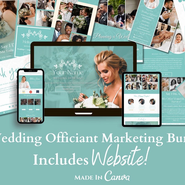 Wedding Officiant Marketing Bundle | Includes Wedding Celebrant Website | Professional Marriage Officiant DIY Templates | Editable In Canva