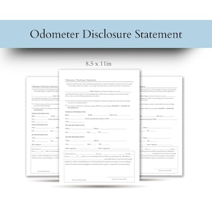 May include: A printable odometer disclosure statement form for use when selling a vehicle. The form includes sections for vehicle information, seller information, buyer information, and notary public signature.
