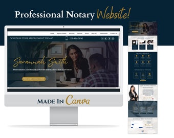 May include: A website mockup for a notary service, featuring a professional headshot of a woman, the text "Savannah Smith", and the tagline "Professional and Reliable Notary Service That You Can Trust". The website is designed in a dark blue and gold colour scheme and includes a call to action to book a free consultation.
