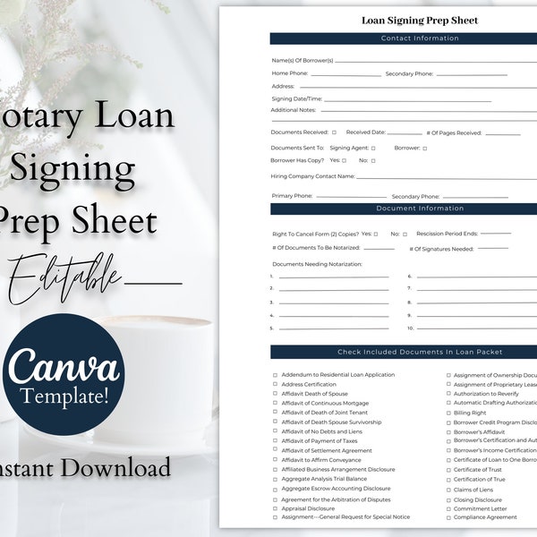 Notary Loan Signing Agent Prep Sheet | Notary Signing Agent Checklist | Editable Canva Template