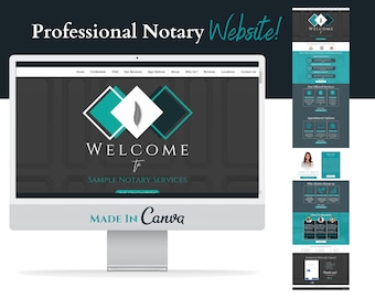 May include: A website mockup for a notary service. The website features a teal and gray color scheme with a logo of three overlapping teal squares with a feather in the center. The text "WELCOME to SAMPLE NOTARY SERVICES" is displayed below the logo. The website also includes a navigation bar with links to "Home", "Credentials", "FAQ", "Our Services", "App Options", "About", "Why Us?", "Reviews", "Locations", and "Contact Us".